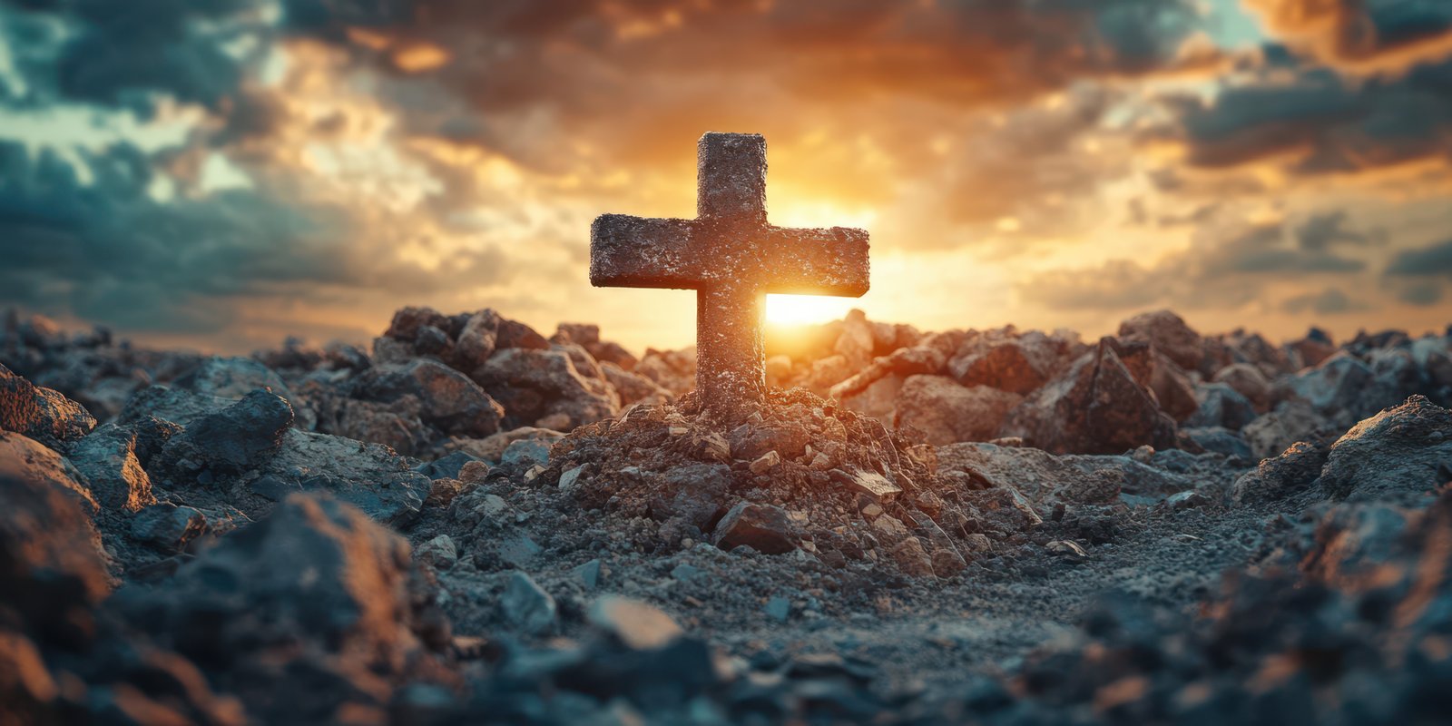 Cross standing on rocky ground at sunset with dramatic clouds creating a peaceful atmosphere